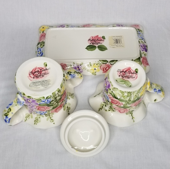 English Garden Creamer Sugar with Lid & Tray Set Tabletops Unlimited Don Swanson - Picture 7 of 13